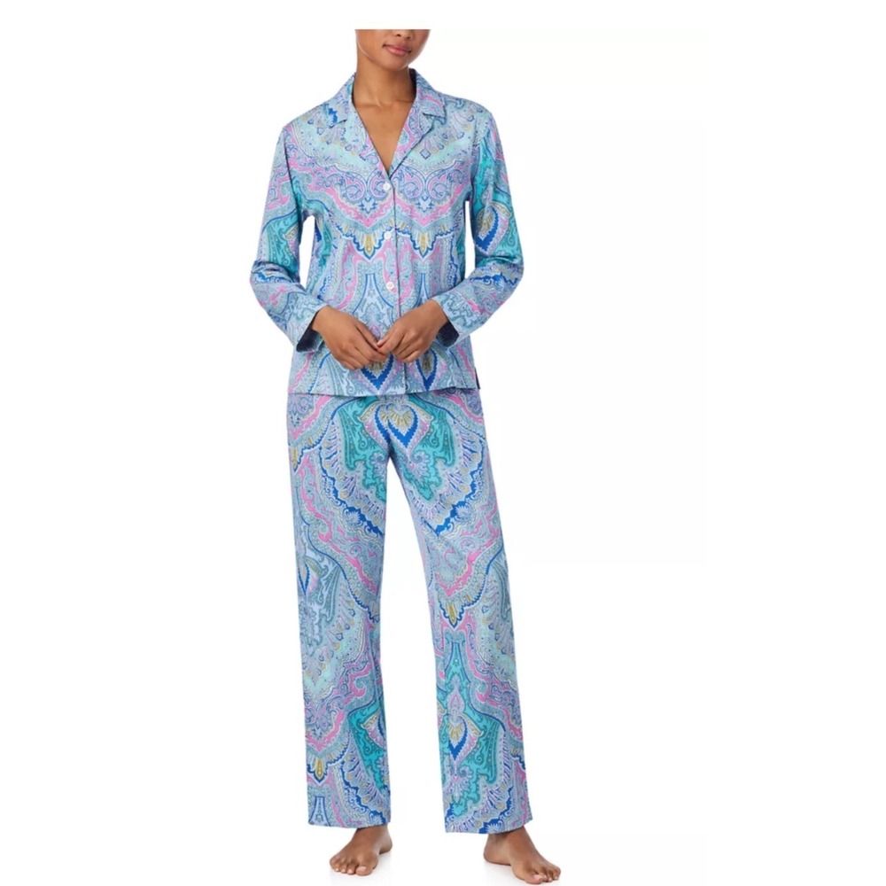 Lauren Ralph Lauren Blue Pink Paisley Pajama Set Long Sleeve Button Down Pants M